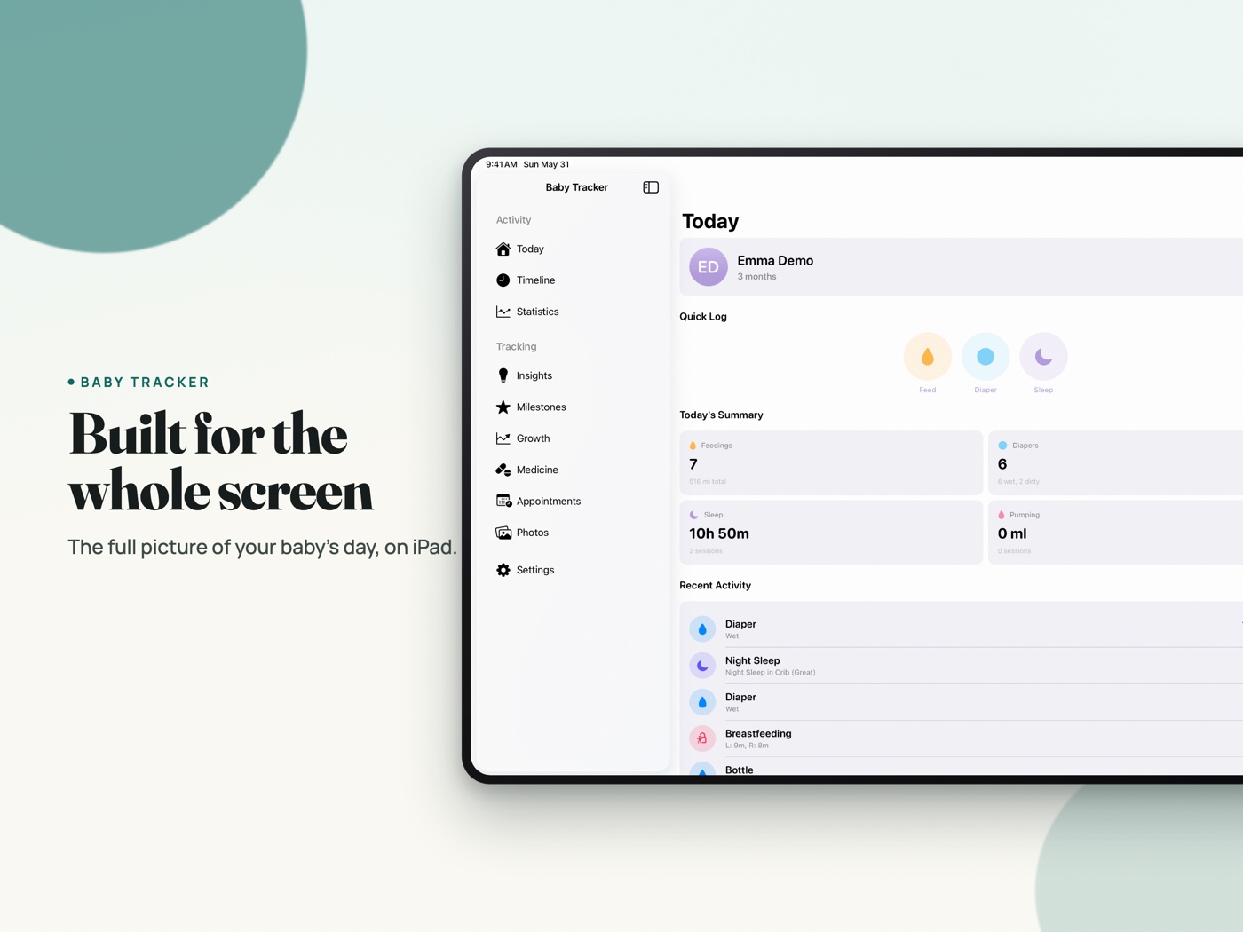 Baby Tracker on iPad showing the full dashboard in a split view