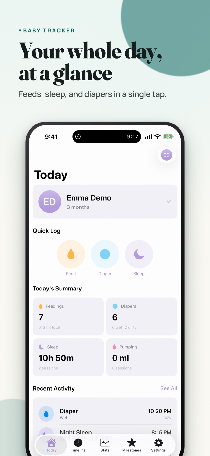 Baby Tracker dashboard with today's feeds, sleep, and diapers at a glance