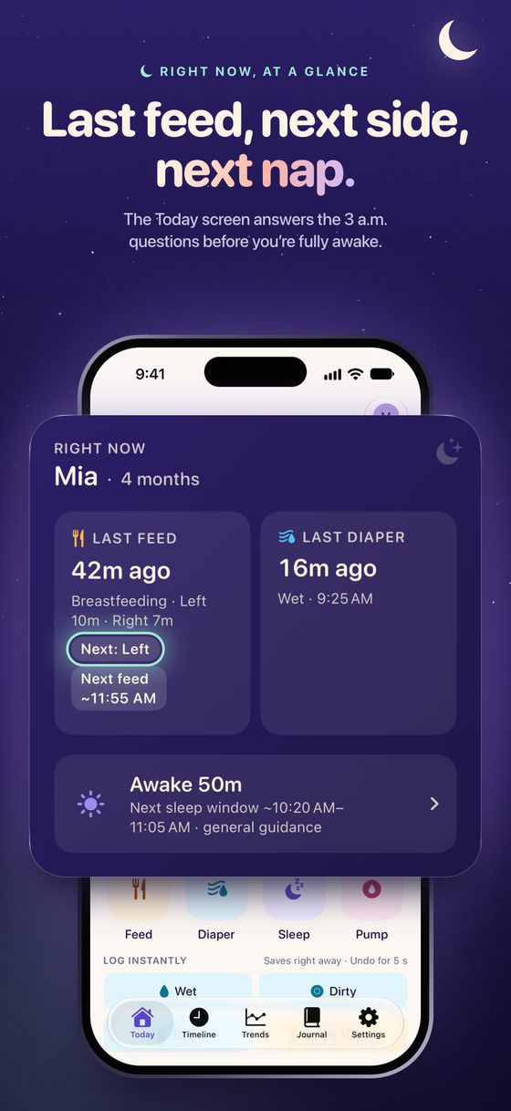 “Last feed, next side, next nap.” The Today screen with its Right now card enlarged: the last feed 42 minutes ago with Next: Left circled, the last diaper, and 50 minutes awake with the next sleep window.