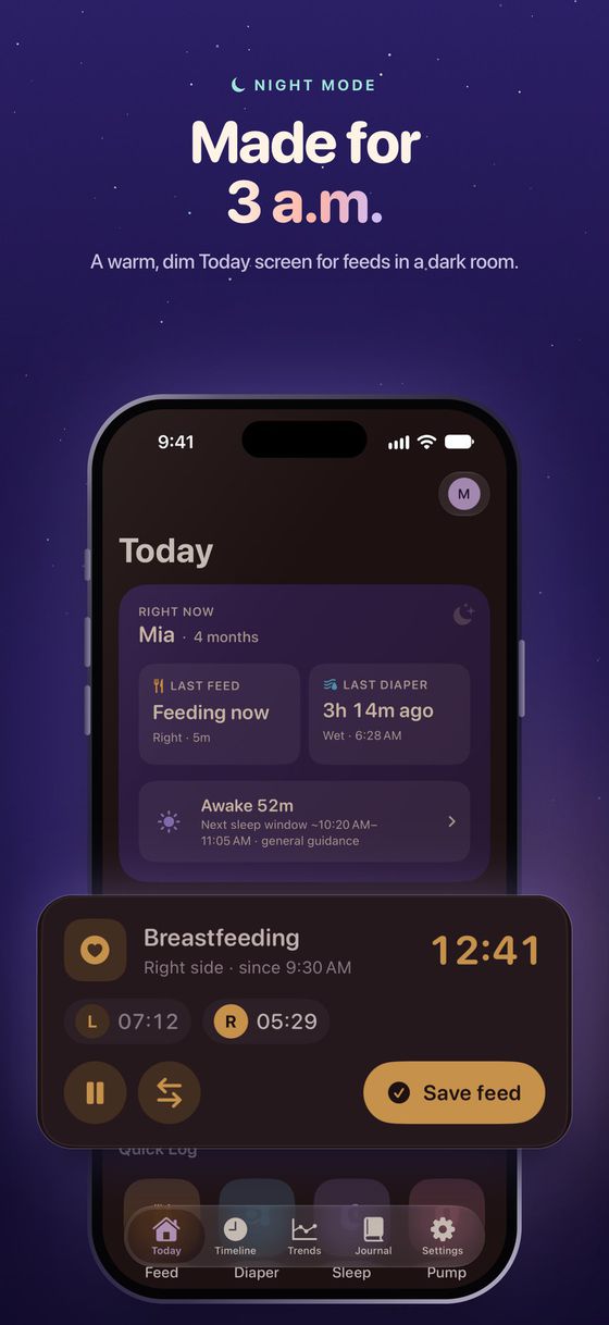 “Made for 3 a.m.” The Today screen in Night mode, dark and warm-tinted, with a breastfeed in progress and its live timer enlarged.