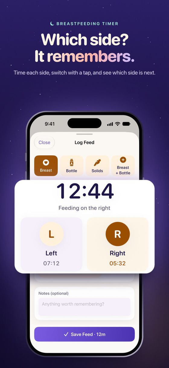 “Which side? It remembers.” The breastfeeding timer at 12:44, feeding on the right, with separate left and right side times.