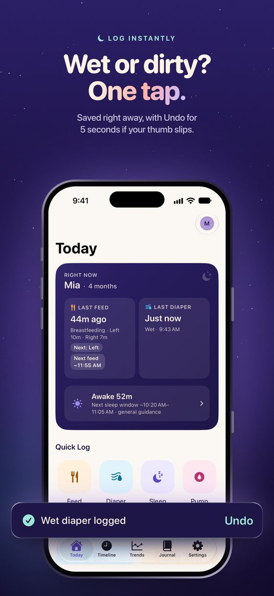 “Wet or dirty? One tap.” The Today screen after a one-tap wet diaper, with the Wet diaper logged toast and its Undo button enlarged.