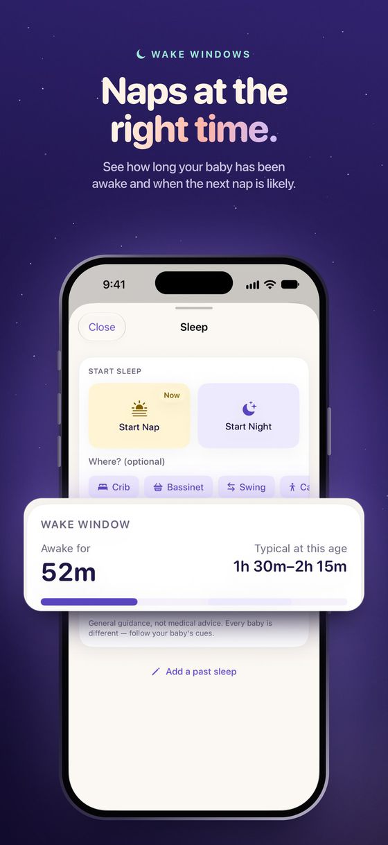 “Naps at the right time.” The Sleep sheet with the wake-window card: 52 minutes awake against the typical range for the baby’s age.