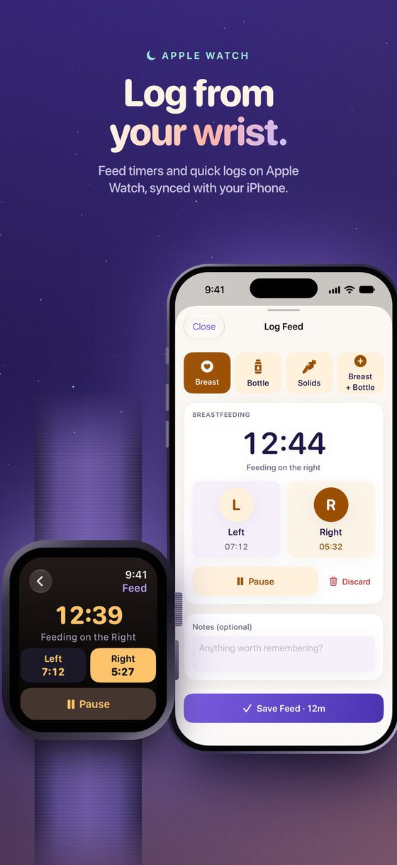 “Log from your wrist.” The Apple Watch feed timer, feeding on the right, next to the same feed on iPhone.