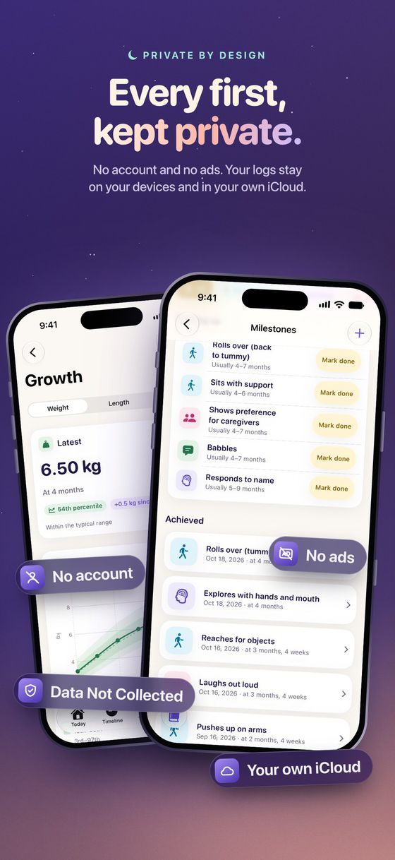 “Every first, kept private.” Growth and Milestones screens with the labels No account, No ads, Data Not Collected and Your own iCloud.