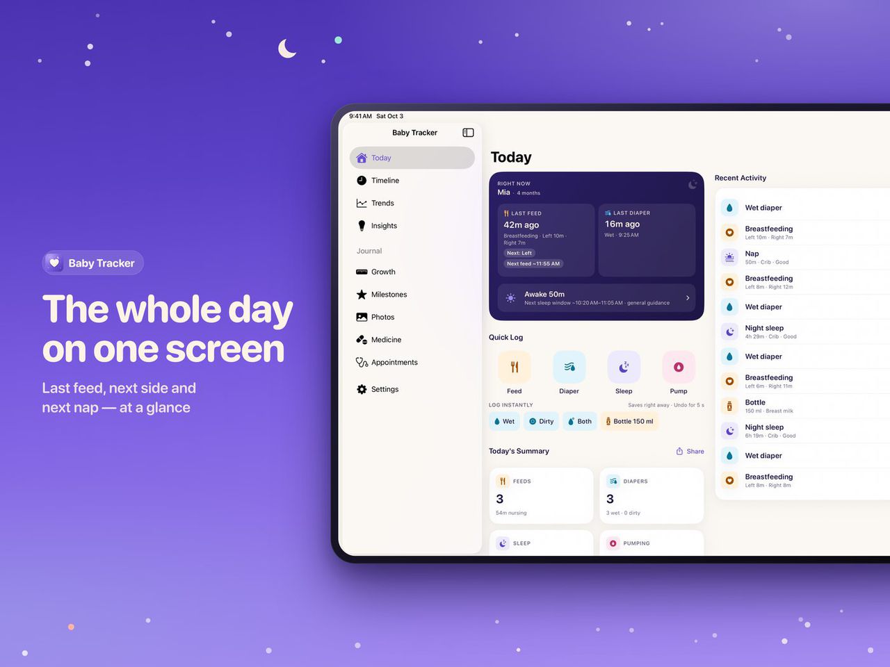 “The whole day on one screen.” The iPad app in landscape: a sidebar, the Today screen and the recent activity list side by side.