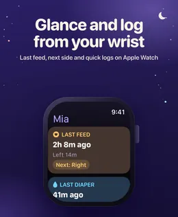 Apple Watch marketing frame: the watch app showing the last feed, next side and last diaper.
