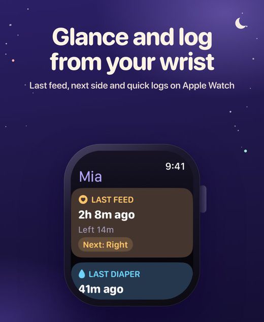 “Glance and log from your wrist.” The Apple Watch app showing the last feed with the next side, and the last diaper.